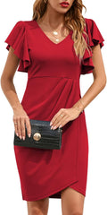 IHOT Women's V Neck Ruffle Sleeve Bodycon Sheath Wrap Dress