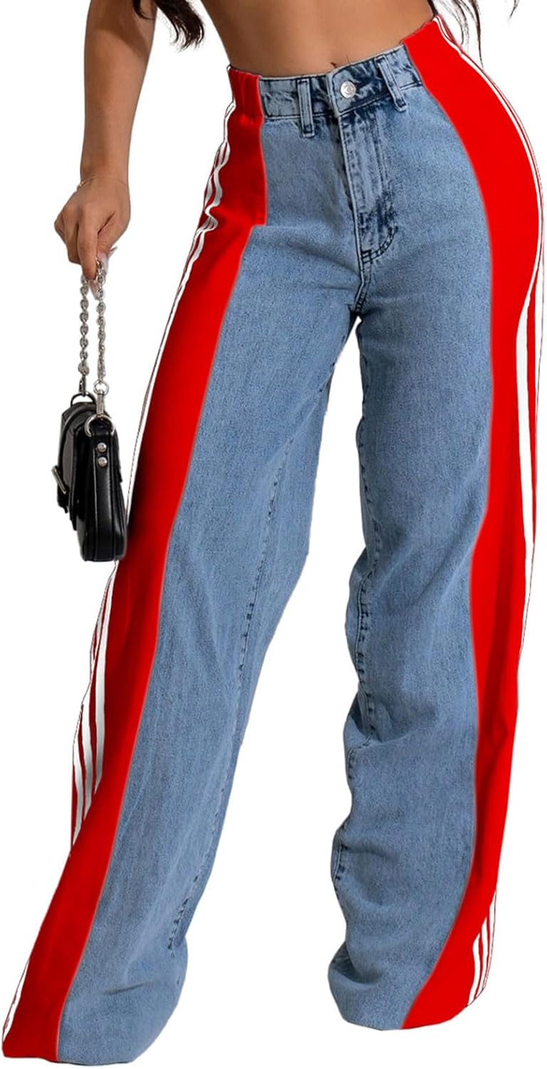 Womens High Waisted Wide Leg Striped Patchwork Denim Pants