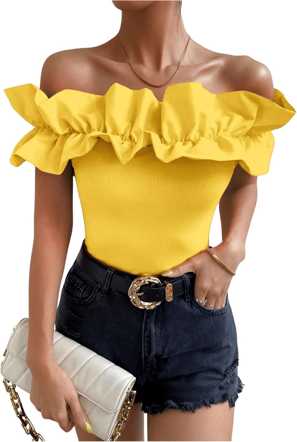 OYOANGLE Women's Ruffle Trim Off Shoulder Blouse for Parties