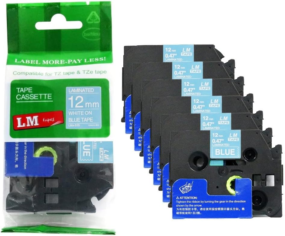 6/Pack LM Tapes Compatible TZe-535 White on Blue Label Tape