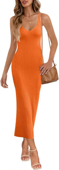 Womens V Neck Knit Midi Dress Sleeveless Ribbed Bodycon - 2025