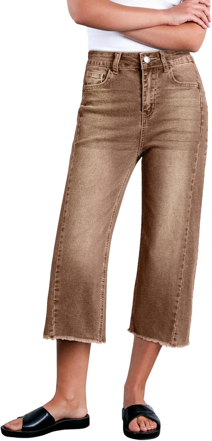 Sidefeel Women's High Waisted Wide Leg Capri Jeans for Comfort