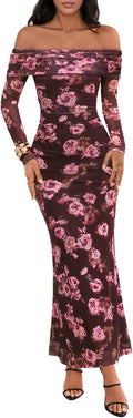 MEROKEETY Off Shoulder Floral Maxi Dress - Elegant Bodycon for Events