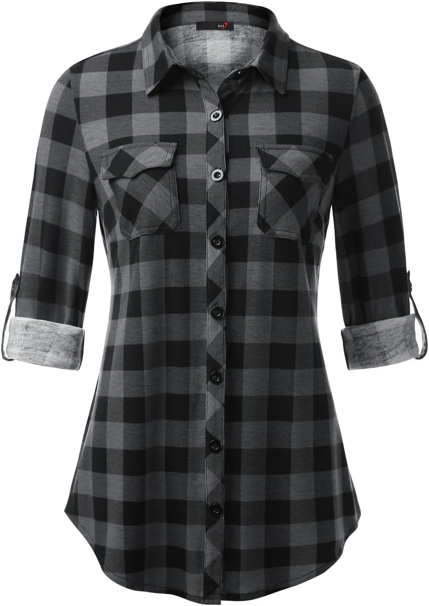 DJT Womens Soft Stretchy Knit Plaid Shirts for Every Occasion