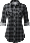 DJT Womens Soft Stretchy Plaid Shirt - Versatile Roll Up Button Down