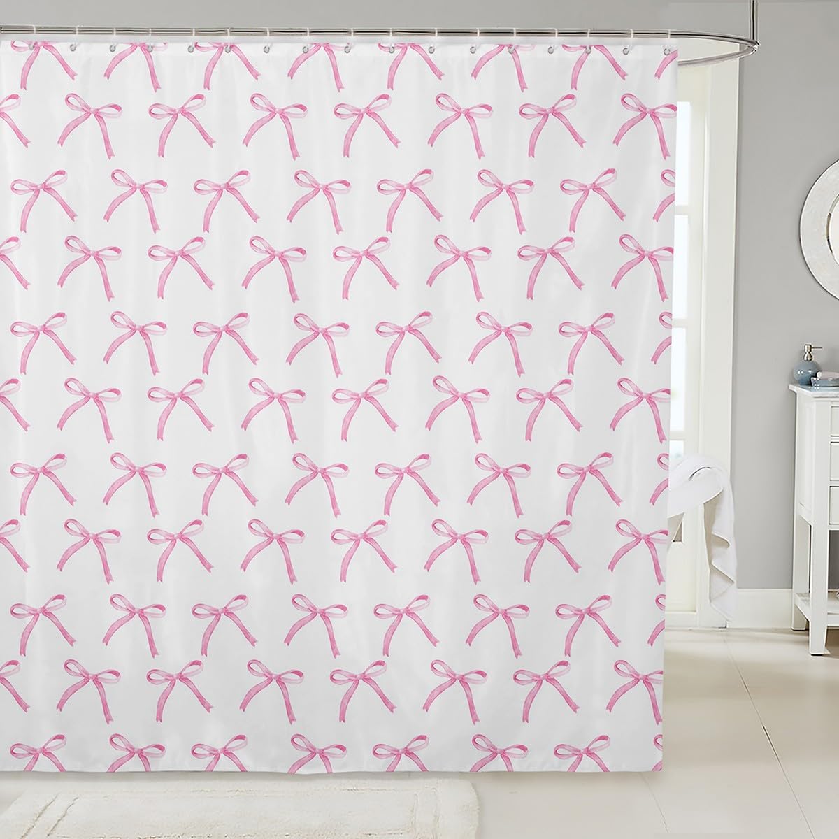 Watercolor Pink Bow Kids Shower Curtain Set