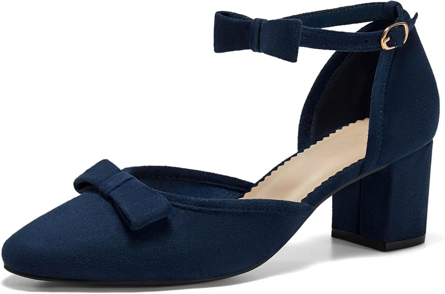 Coutgo Womens Chunky Low Heels Bow Closed Toe Ankle Strap Pumps