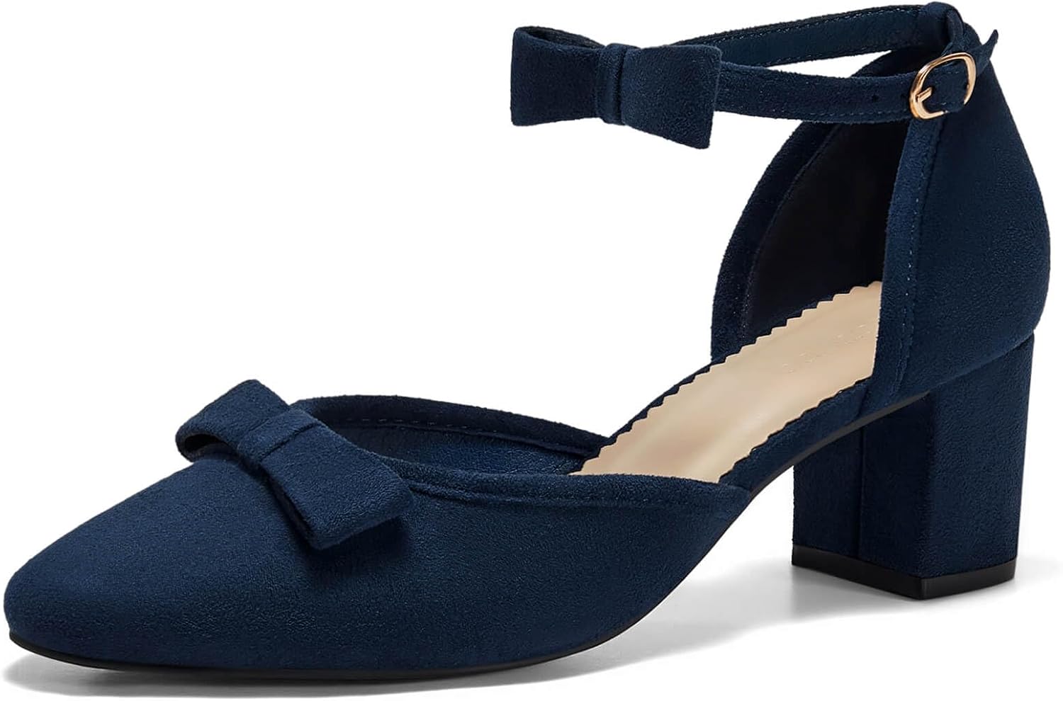 Coutgo Womens Chunky Low Heels Bow Closed Toe Ankle Strap Pumps