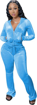 Women's Velour Tracksuit Two Piece Set - Royal Blue Crop Zip