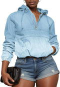 Women's Half Zip Denim Hoodie Pullover Jackets Jean Tops (Style JW7Y)