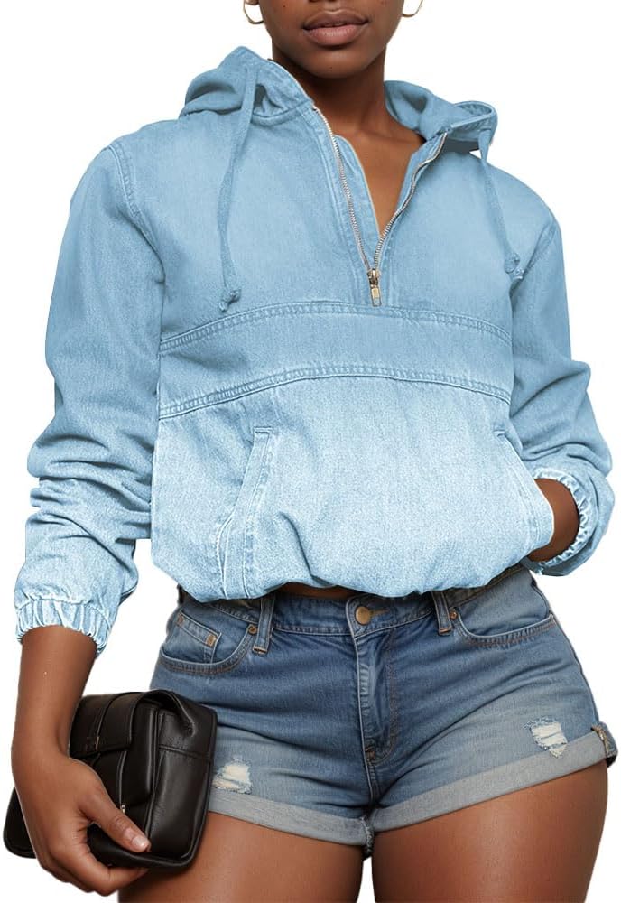 Women's Half Zip Denim Hoodie Pullover Jackets for Stylish Comfort
