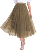 Womens Tulle Skirt Midi Elastic High Waist Pleated Mesh - Flowy Midi