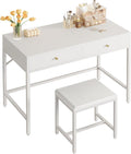 Modern White Desk with Drawers and Padded Stool for Home Office