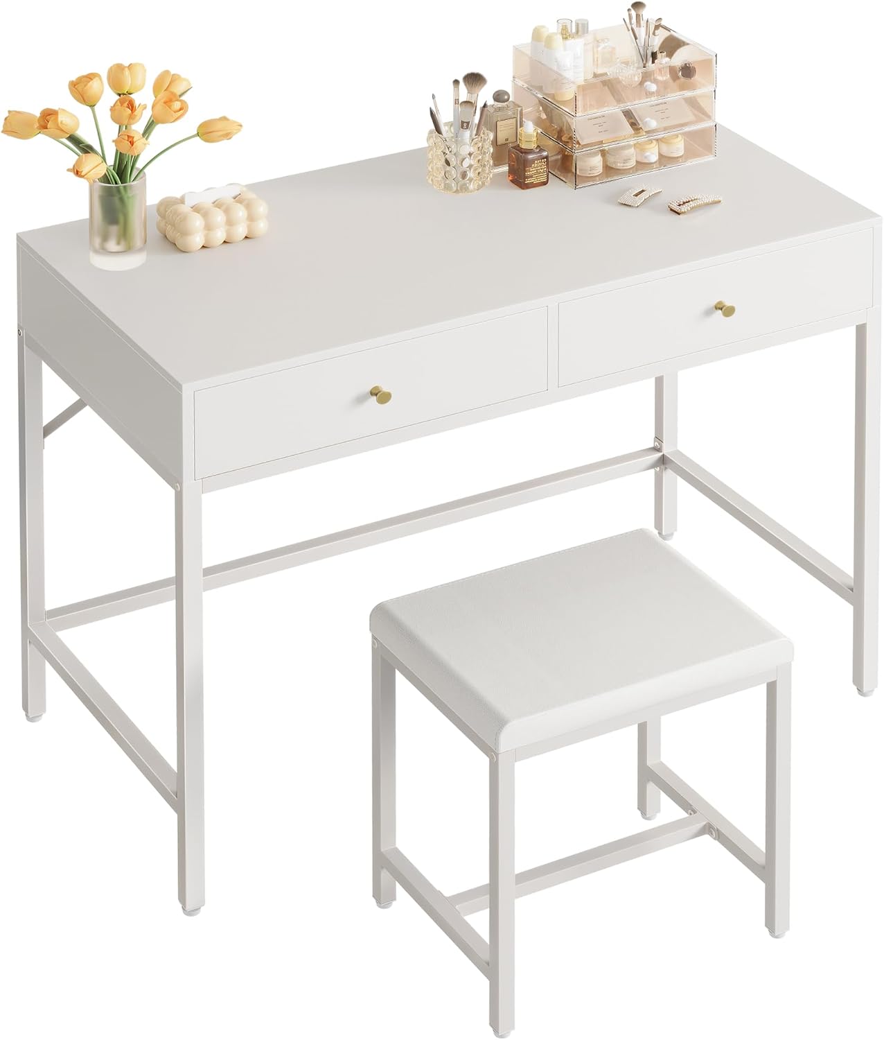 Modern White Desk with Drawers and Padded Stool for Home Office