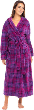 Alexander Del Rossa Womens Long Plush Hooded Bathrobe - Purple Plaid