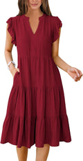 Womens Summer Ruffle Sleeve V Neck Midi Dress - Flowy (Style 991M)