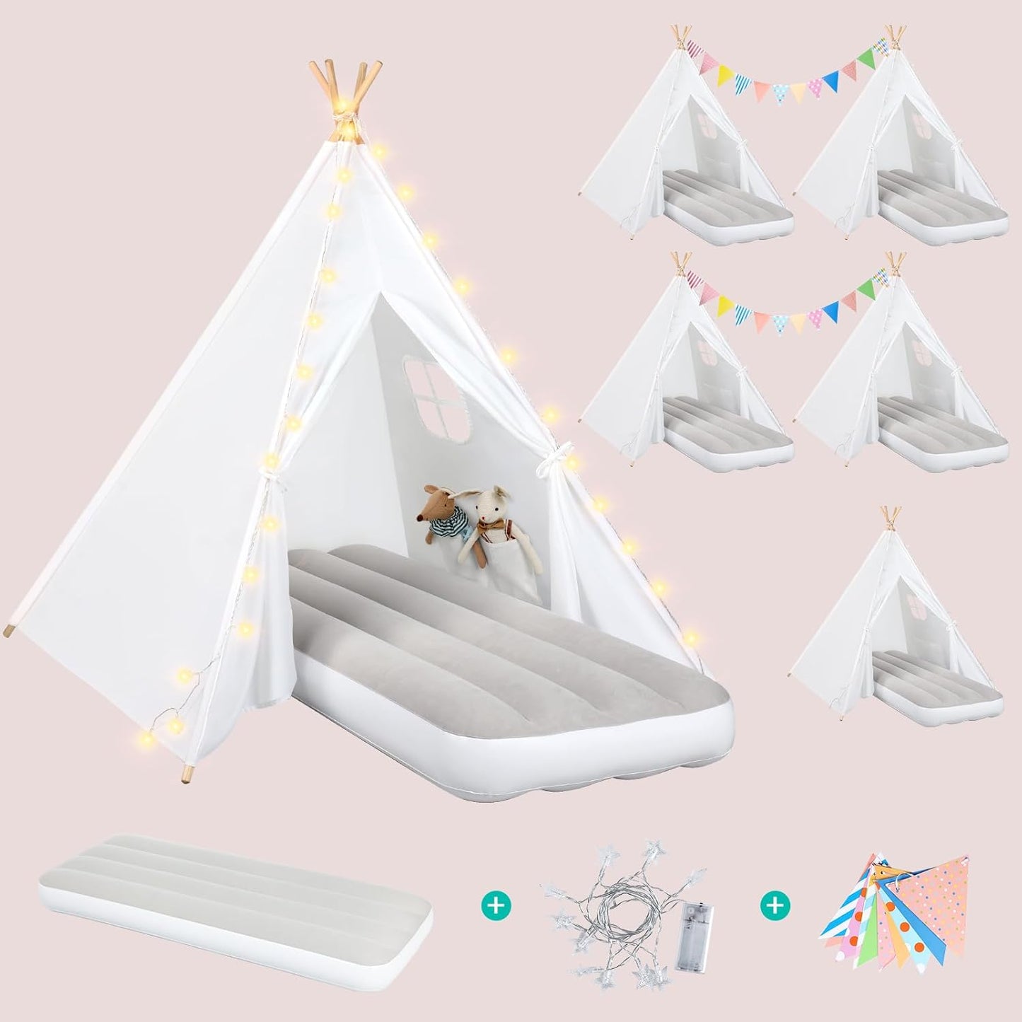 Kids Teepee Tent Bulk with Light and Inflatable Airbed for Fun