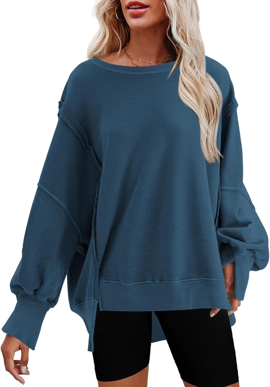 Nirovien Womens Oversized Crewneck Sweatshirt with Side Slits