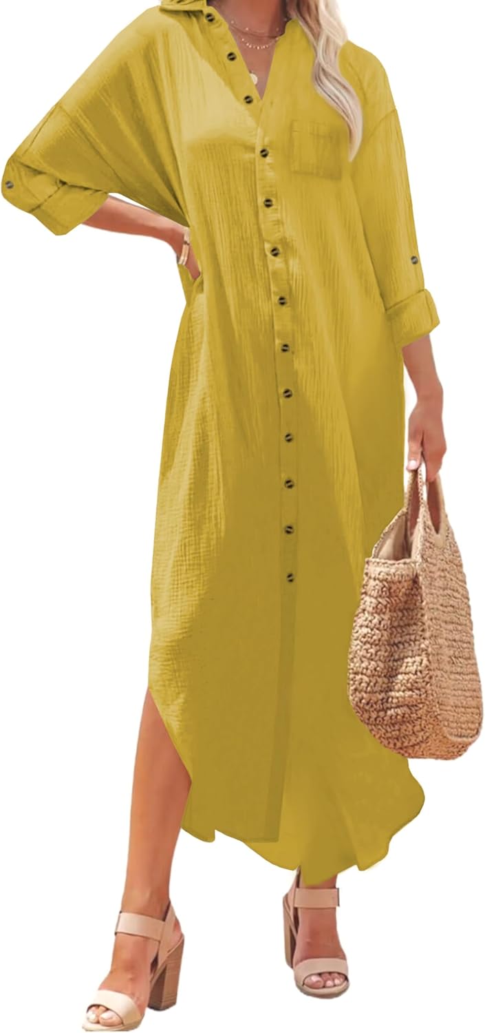 Kuraki Women's Casual Print Maxi Shirt Dress for Effortless Style