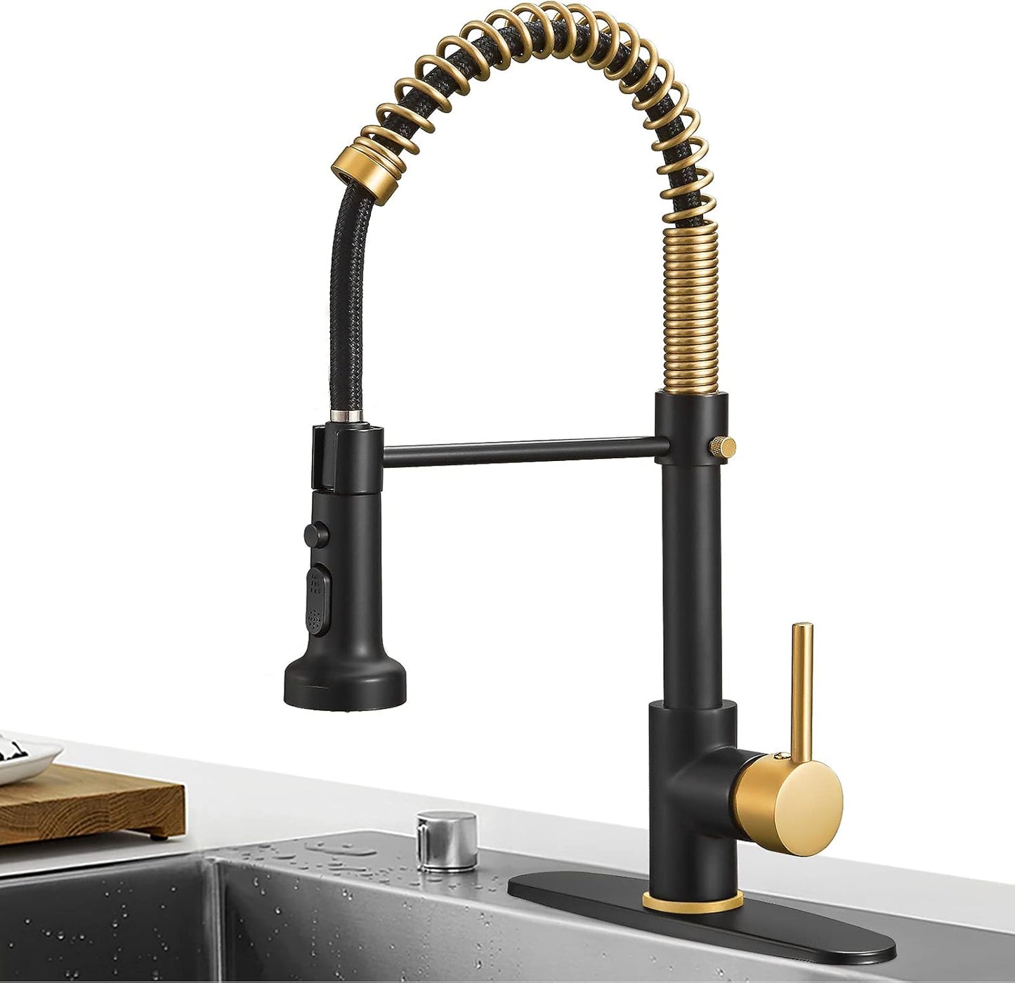 Hoimpro Matte Black&Brushed Gold Kitchen Faucet with Pull Down Sprayer