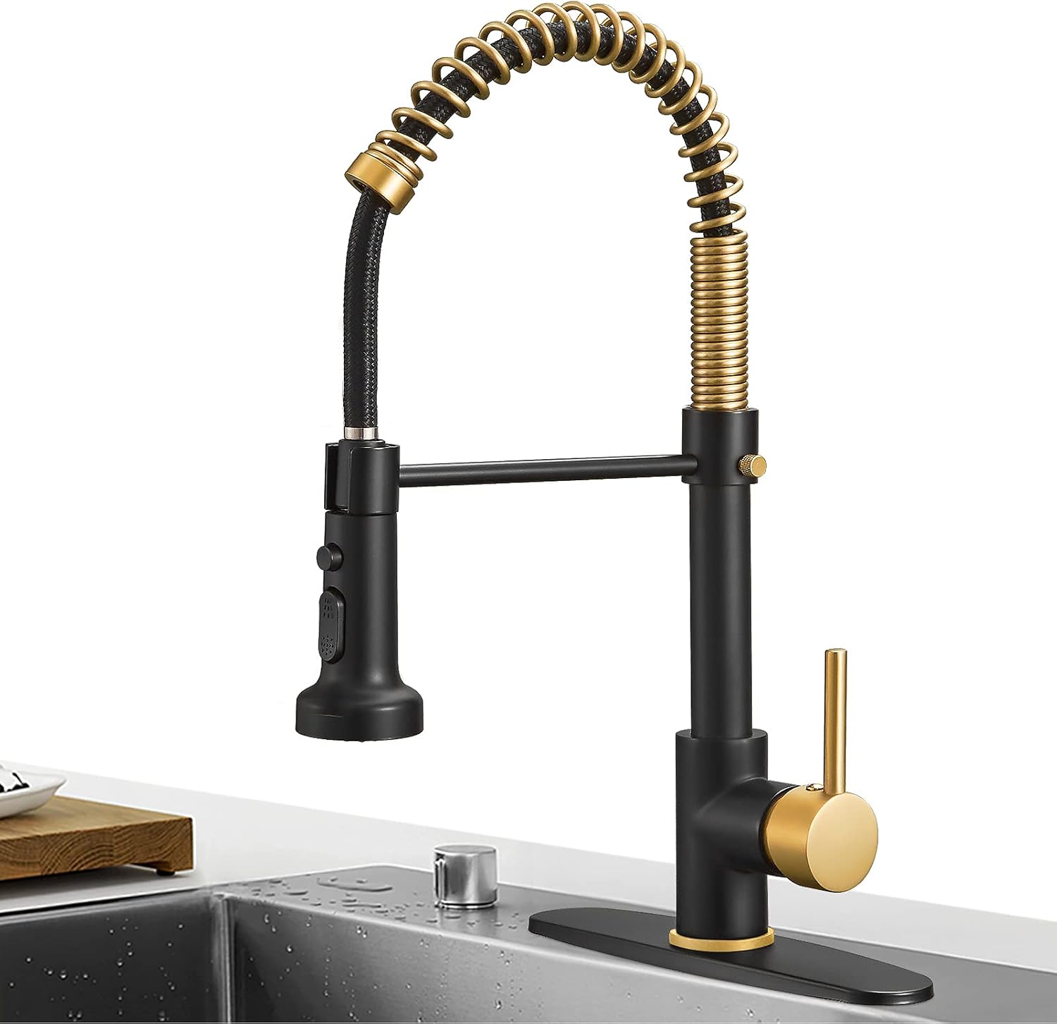 Hoimpro Matte Black&Brushed Gold Kitchen Faucet with Pull Down Sprayer