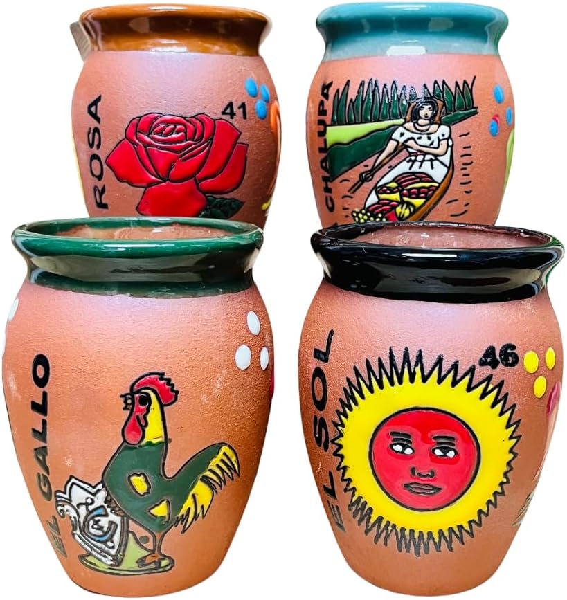 Set of 4 Loteria Cantarito Cups - Handcrafted Clay Design