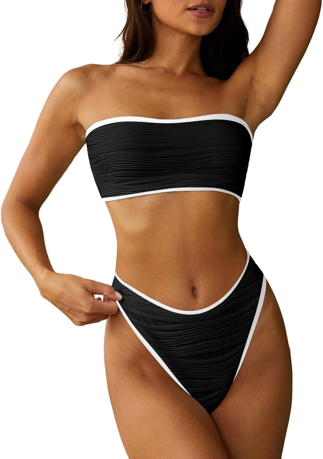ZAFUL Women Strapless Textured Bandeau Bikini for Beach Fun
