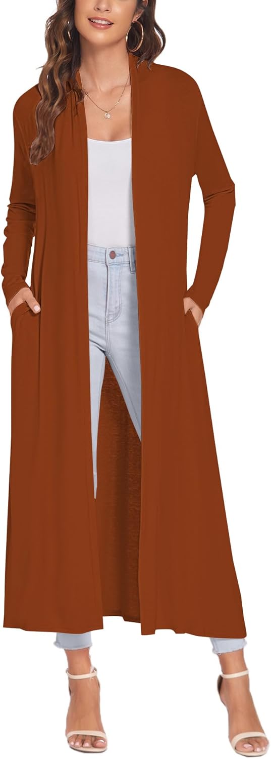 Bluetime Women Floor Length Open Front Cardigan with Pockets