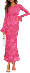 ZESICA Bell Sleeve Floral Maxi Dress - Fall Bodycon Mesh