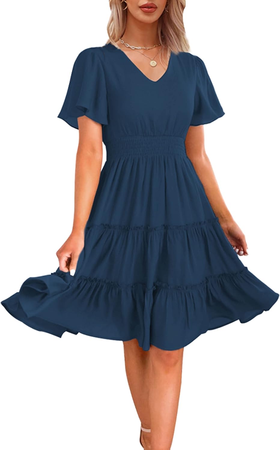 Zattcas Women V Neck Smocked Waist Flowy A Line Midi Dress