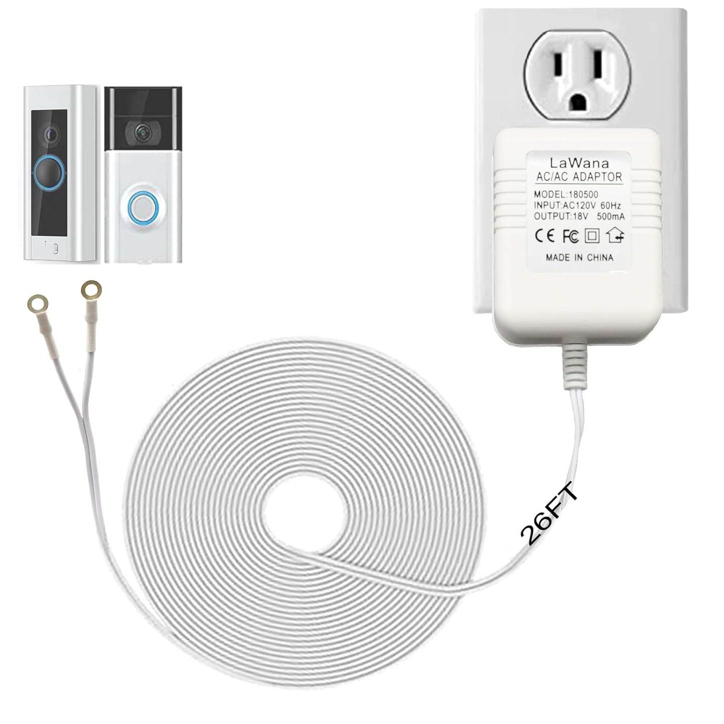 Long Reach Power Adapter for Video Doorbells - Compatible with Ring & Zmodo