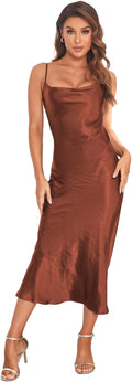 Women's Spaghetti Strap Satin Slip Cowl Neck Midi Dress - Sleek Club