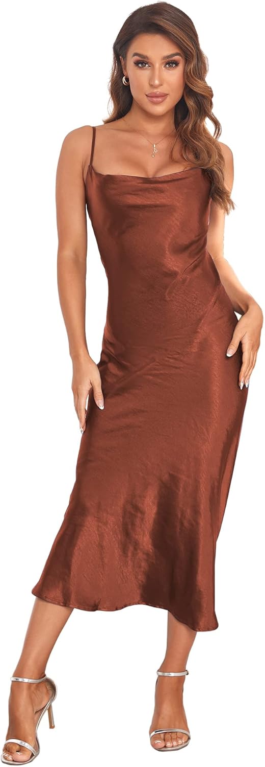 Women's Spaghetti Strap Midi Satin Silk Dress for Parties