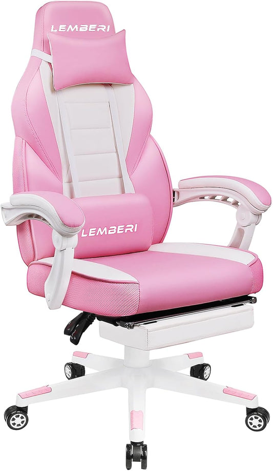 LEMBERI Pink Gaming Chair with Footrest for Ultimate Comfort