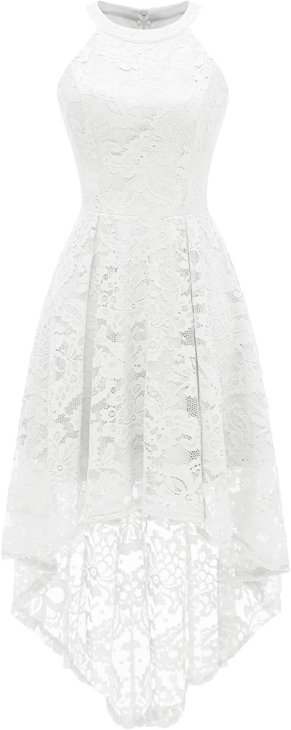 Halter Lace Wedding Guest Dress Hi-Lo Cocktail Party Dress