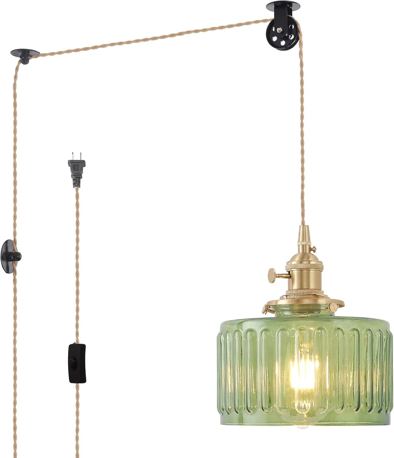 Plug in Pendant Light with Green Striped Glass for Home Decor