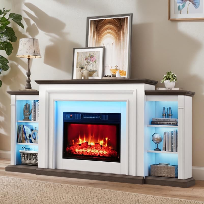 72 Electric Fireplace TV Stand - Modern Entertainment Center, LED Lights, Storage, White/Brown