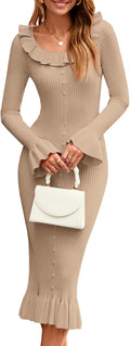 Womens Bell Long Sleeve Sweater Dress - Ribbed Ruffle Midi