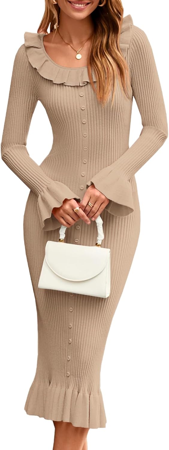 Womens Bell Long Sleeve Sweater Dress with Ruffle Details