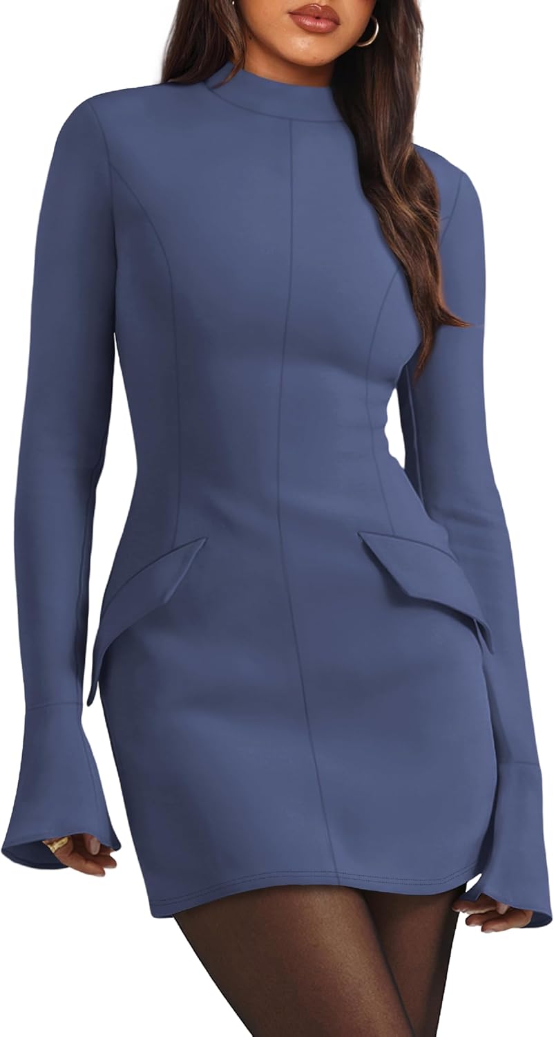 OFEEFAN Women's Long Sleeve Mock Neck Bodycon Mini Dress