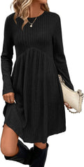 Long Sleeve Dress for Women Crew Neck Empire Waist - With Pockets