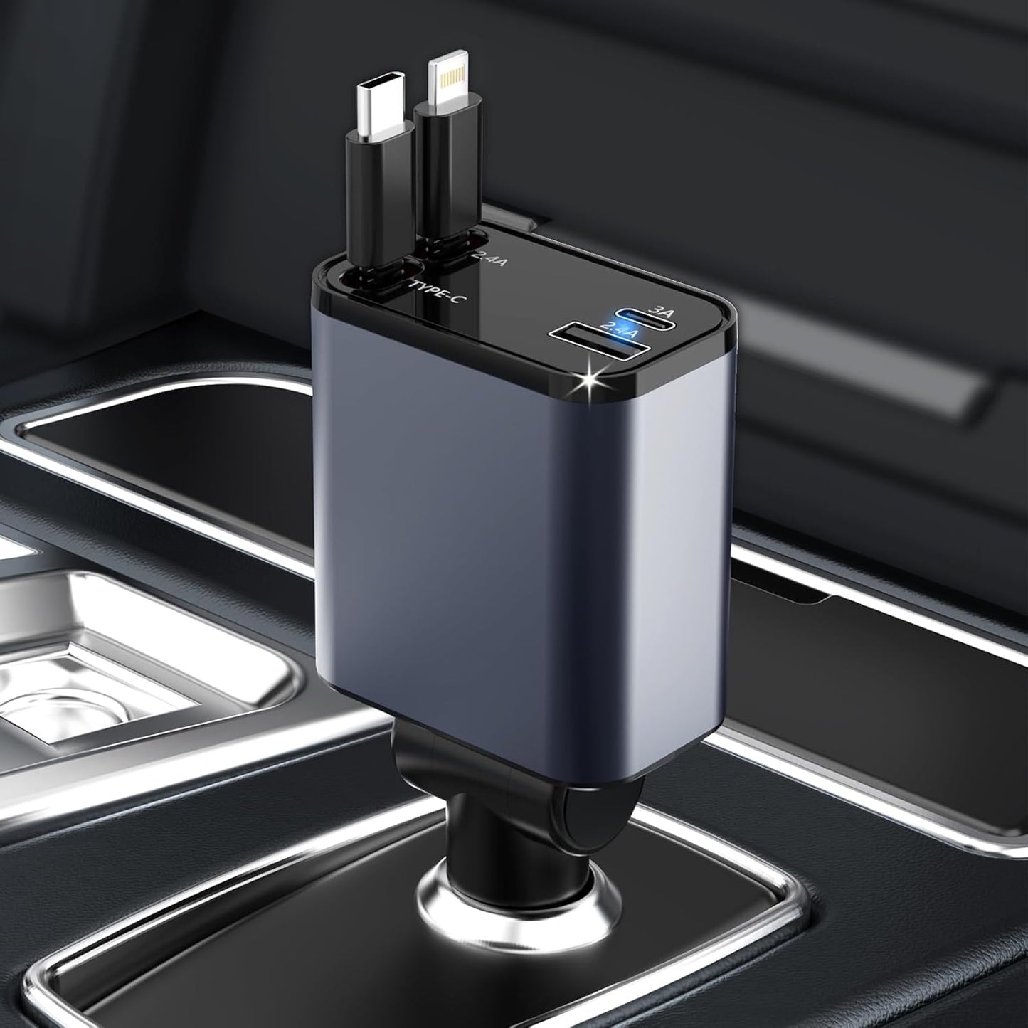 Fast 4-in-1 Car Charger with Retractable Cord