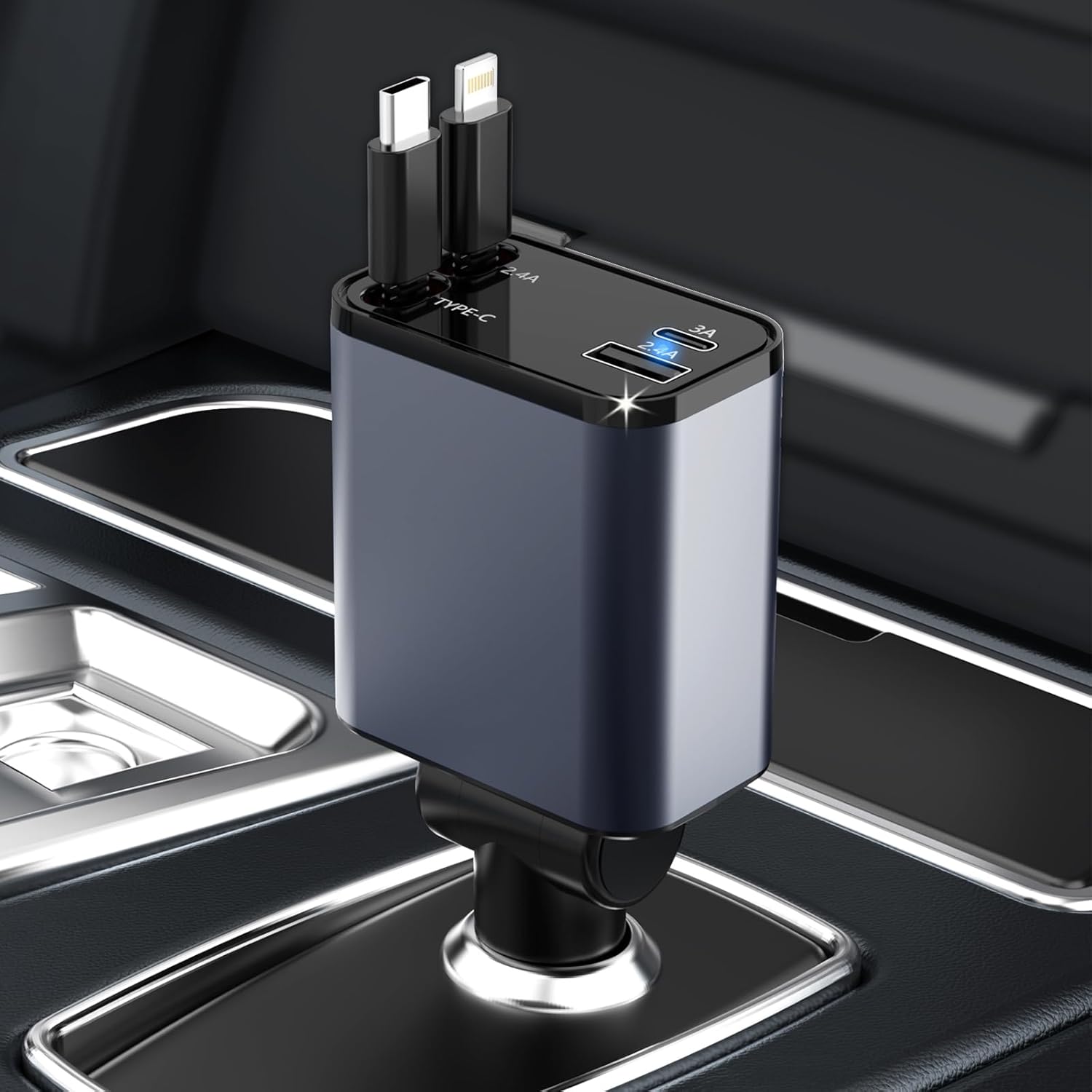 Fast 4-in-1 Car Charger with Retractable Cord