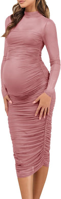 Maternity Mesh Bodycon Dress for Women - Mock Neck Midi