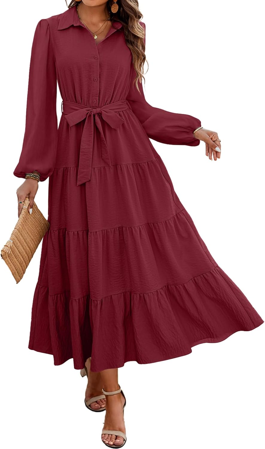 Dowerme Women's Long Sleeve Dress: Chic A-Line Flowy Maxi