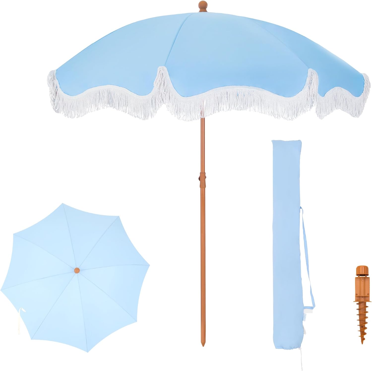 PHI VILLA 7ft Beach Umbrella with Fringe for Ultimate Shade