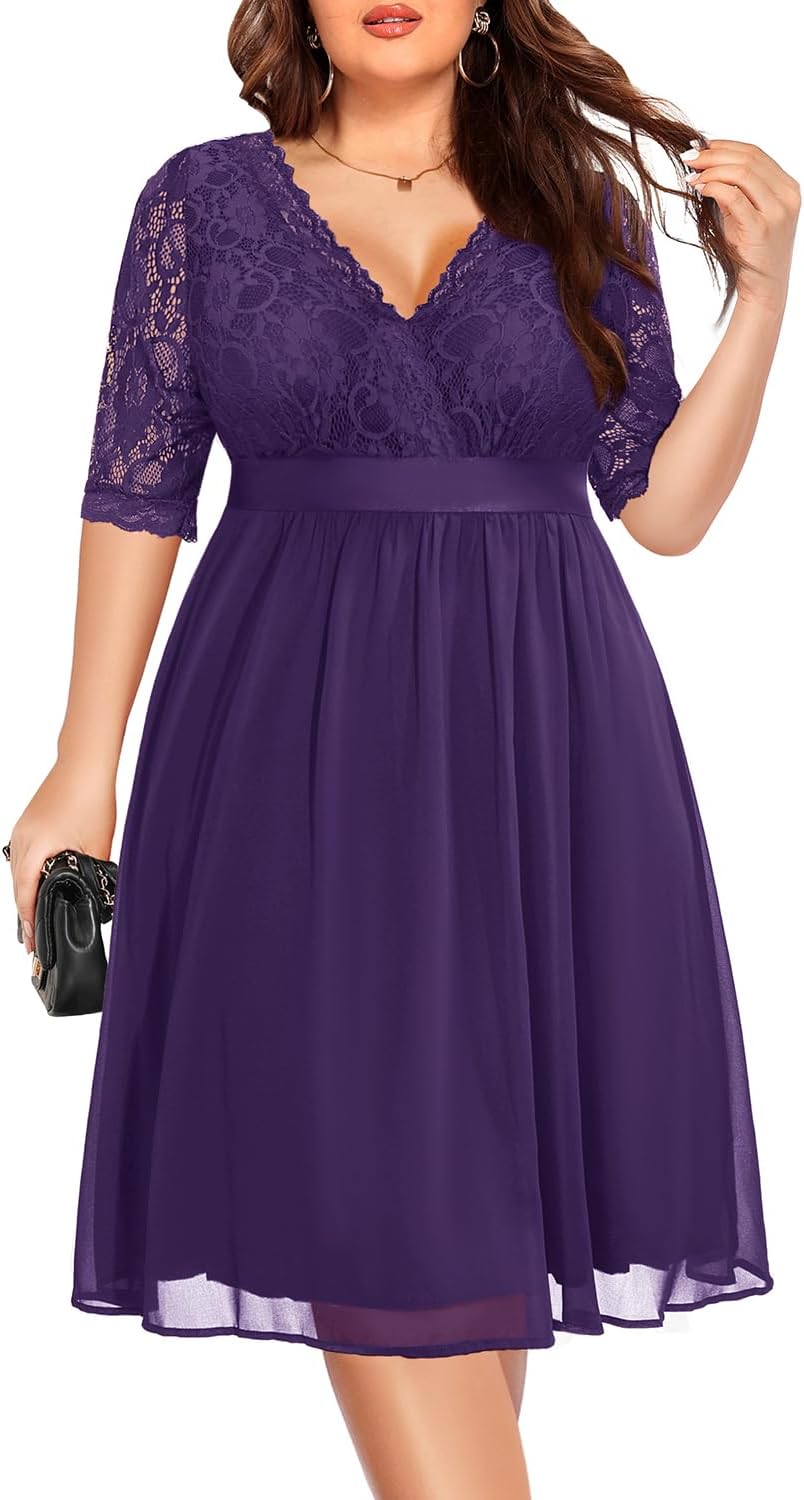 Plus Size Lace Chiffon Wrap V Neck Midi Dress for Women