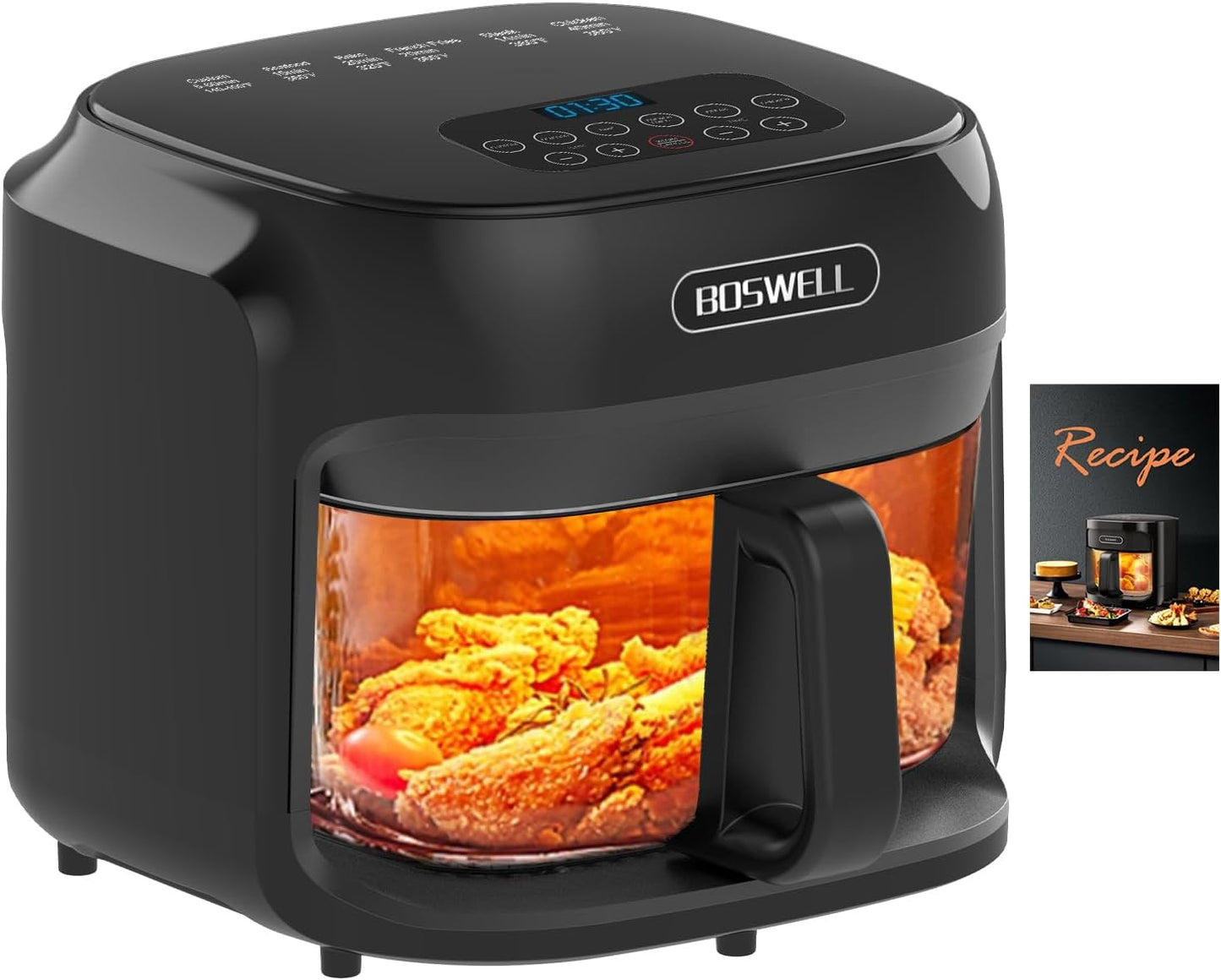 BOSWELL Glass Air Fryer: Transparent Bowl, Circulating Heat