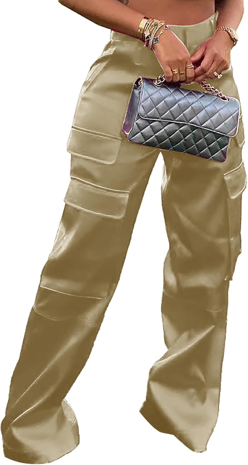 High Waisted Satin Cargo Pants for Women - Stylish & Versatile