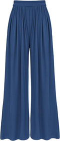 Womens Ribbed Knit Wide Leg Pants - Pleated High Waist Palazzo